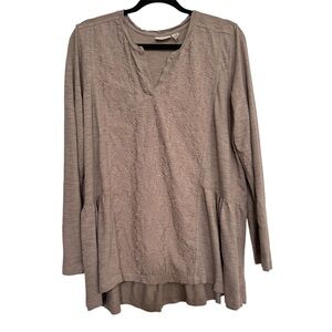 LOGO By Lori Goldstein Long Sleeve Top Embroidered Size L Toupe Split Neck